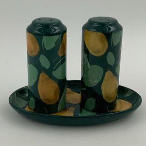Anthropologie Holly and Pear Salt and Pepper Shakers With Ceramic Tray NEW